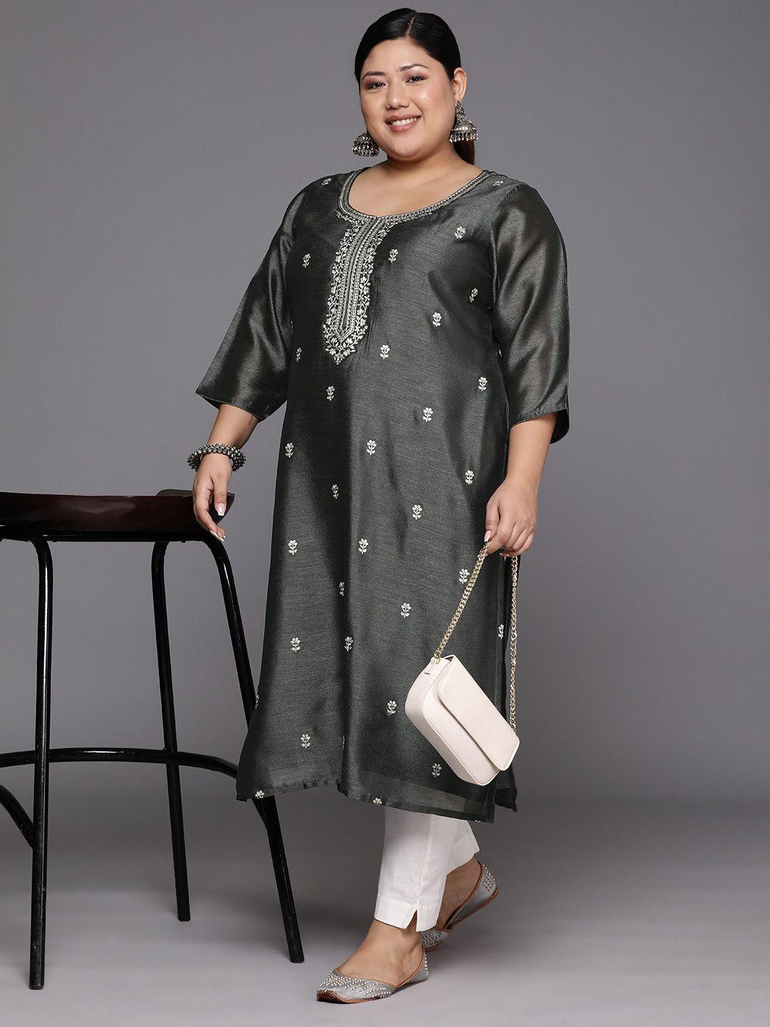 extra love by libas women grey floral embroidered kurta