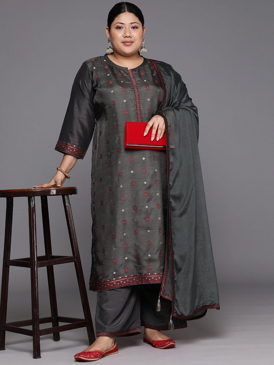 extra love by libas women grey floral regular kurta with trousers & with dupatta