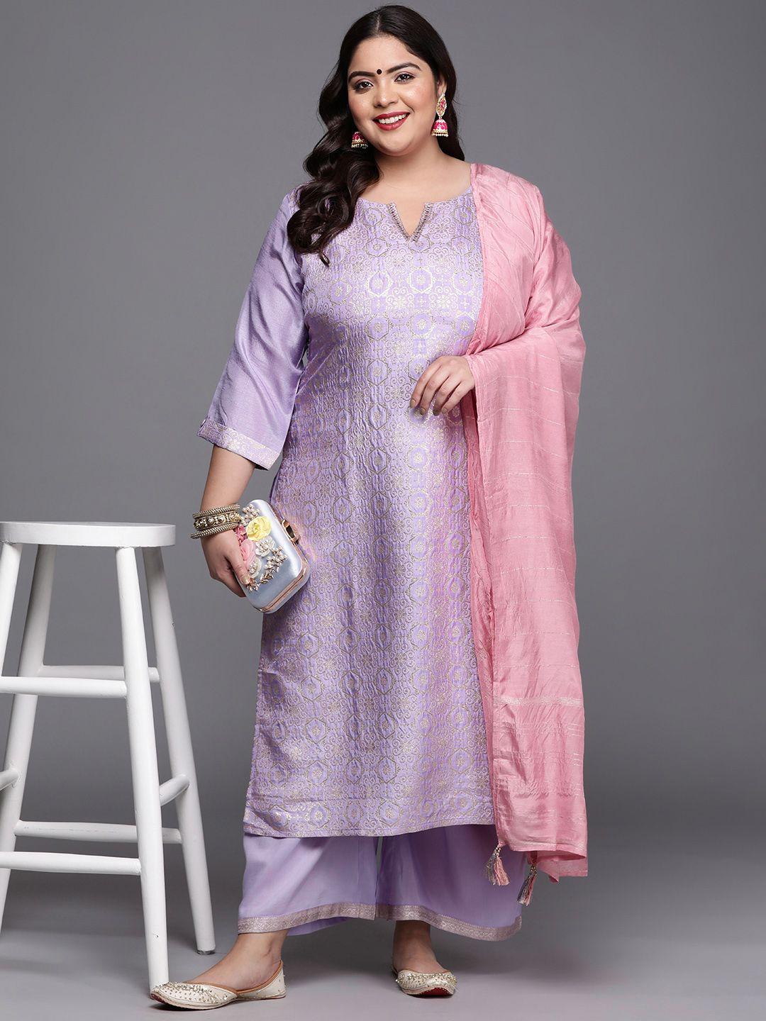 extra love by libas women lavender ethnic motifs plus size kurta with palazzos & dupatta