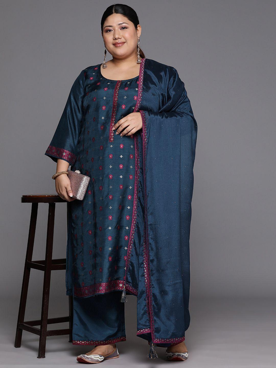 extra love by libas women navy blue floral regular kurta with trousers & with dupatta