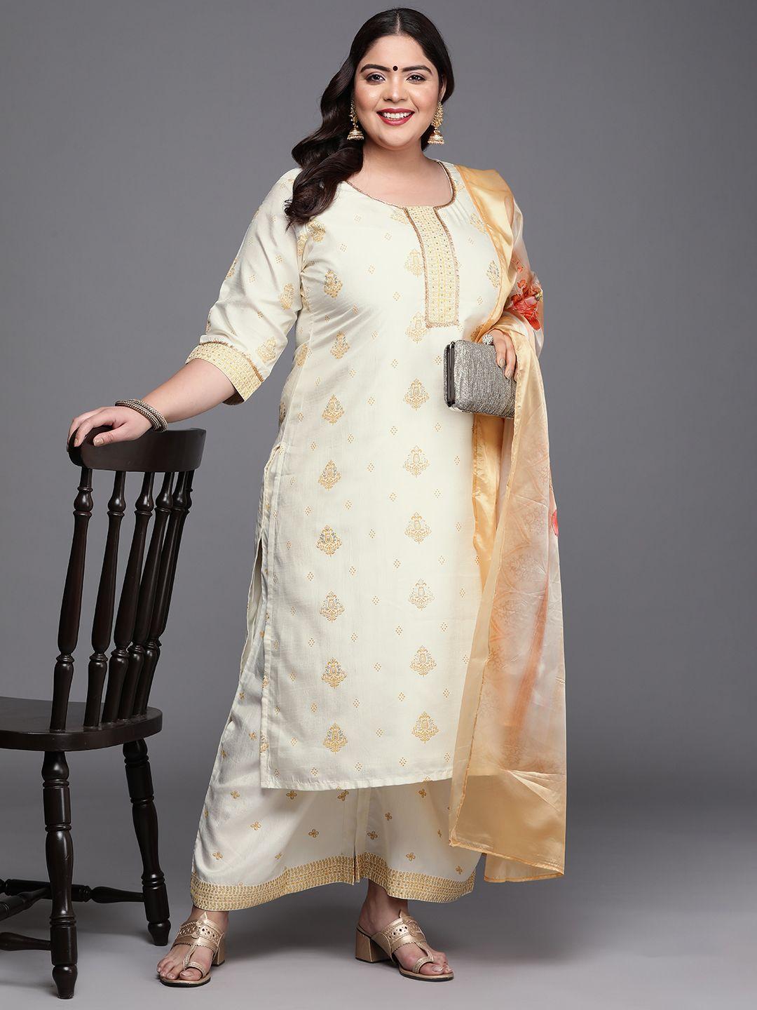 extra love by libas women off white plus size printed kurta with palazzos & dupatta