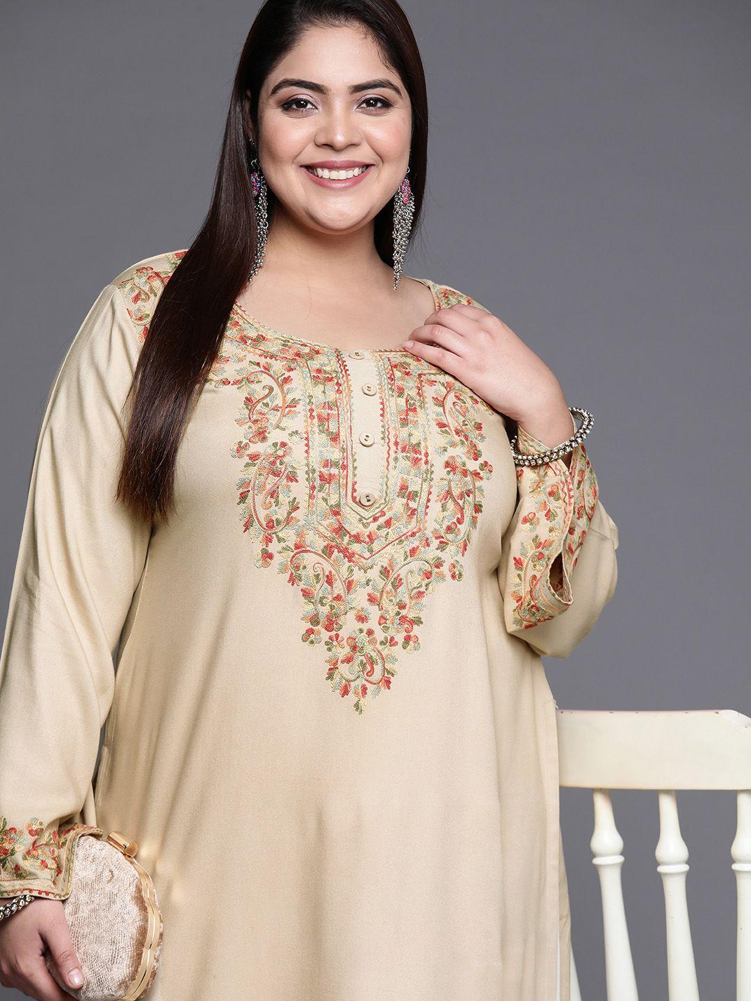 extra love by libas women plus size beige floral embroidered flared sleeves straight kurta