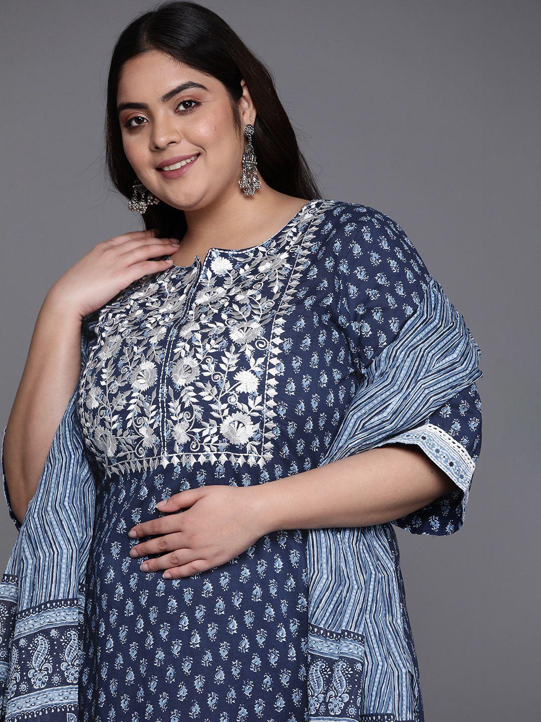 extra love by libas women plus size blue printed floral motif embroidered kurta set