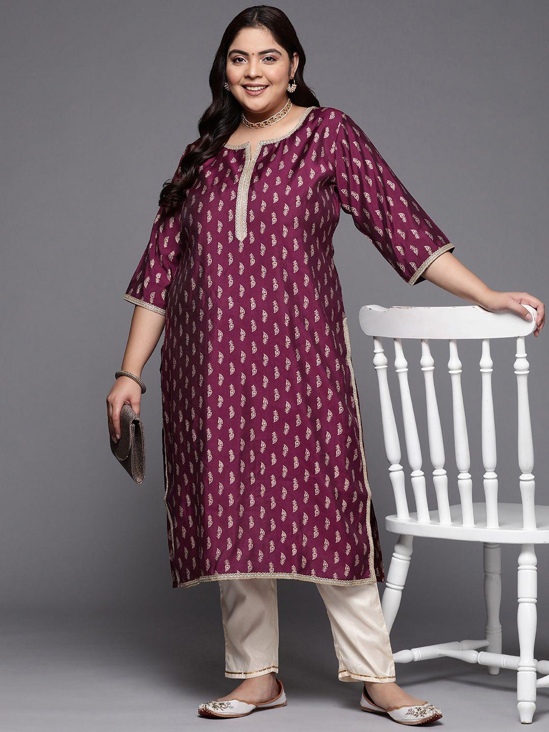 extra love by libas women plus size burgundy & golden ethnic motifs printed kurta