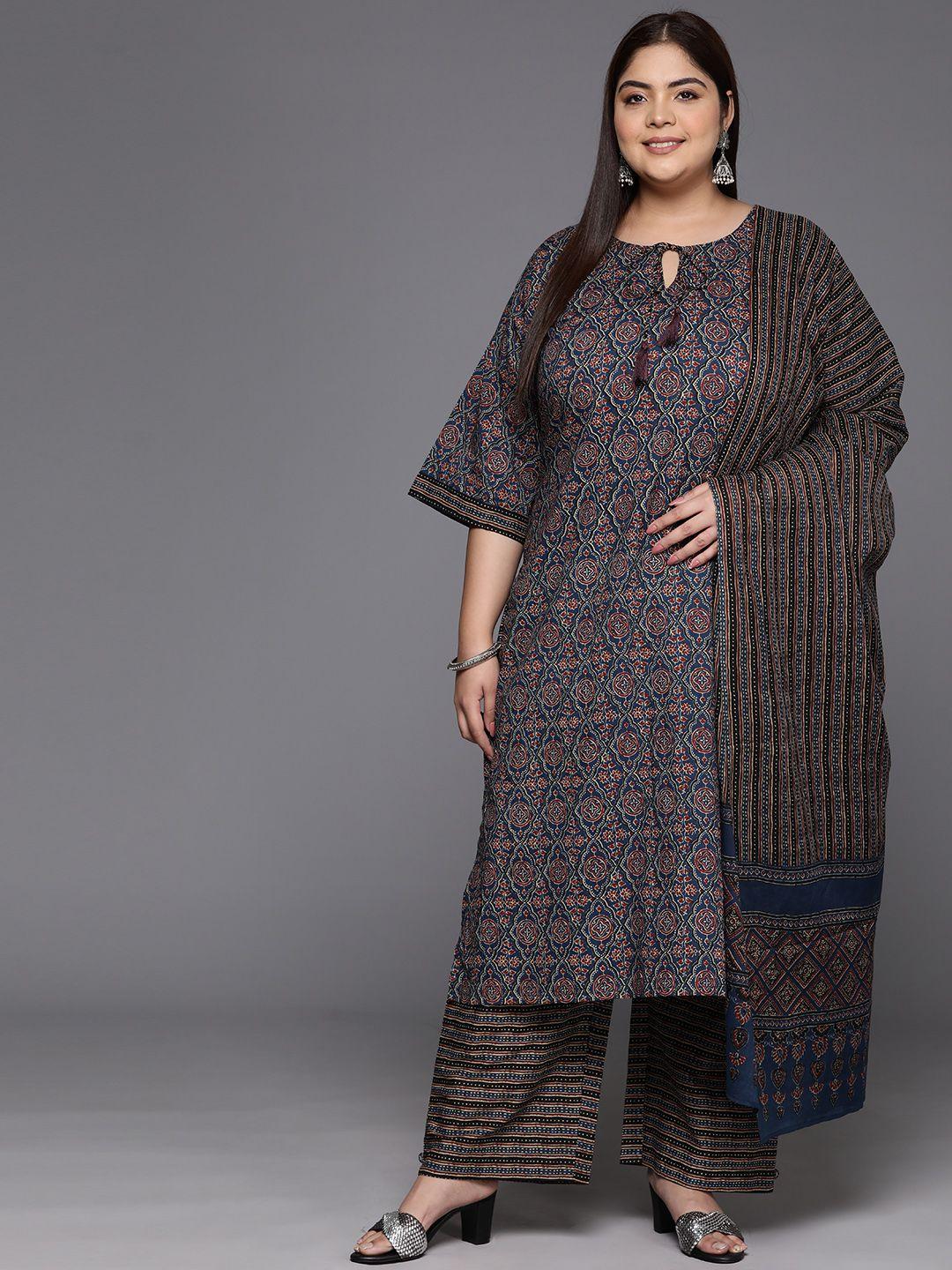 extra love by libas women plus size ethnic motifs printed regular pure cotton kurta set