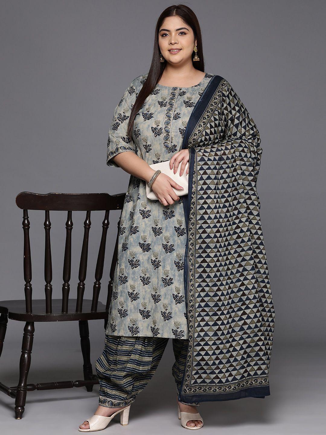 extra love by libas women plus size floral printed pure cotton kurta with salwar & dupatta