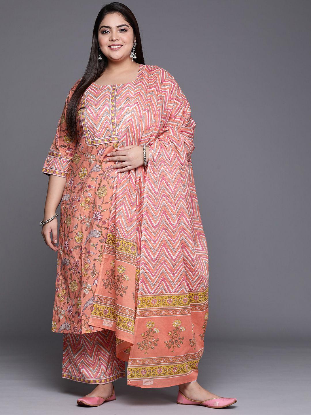 extra love by libas women plus size peach-coloured floral printed pure cotton kurta set