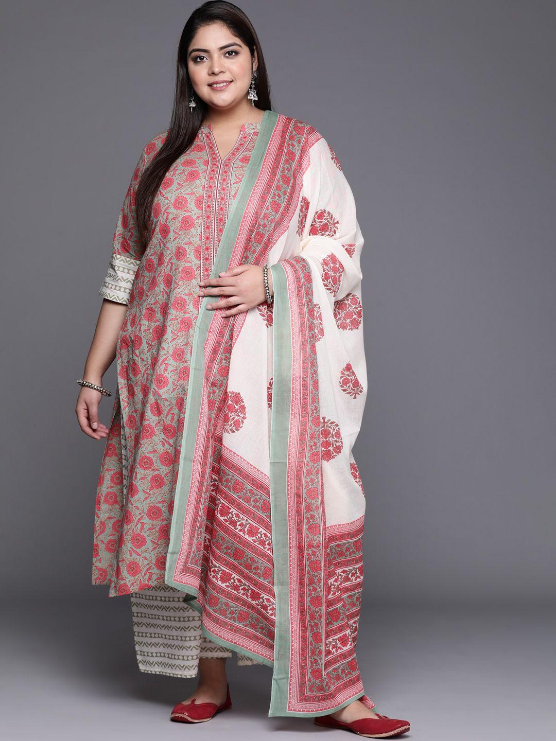 extra love by libas women plus size pink & white floral printed pure cotton kurta set