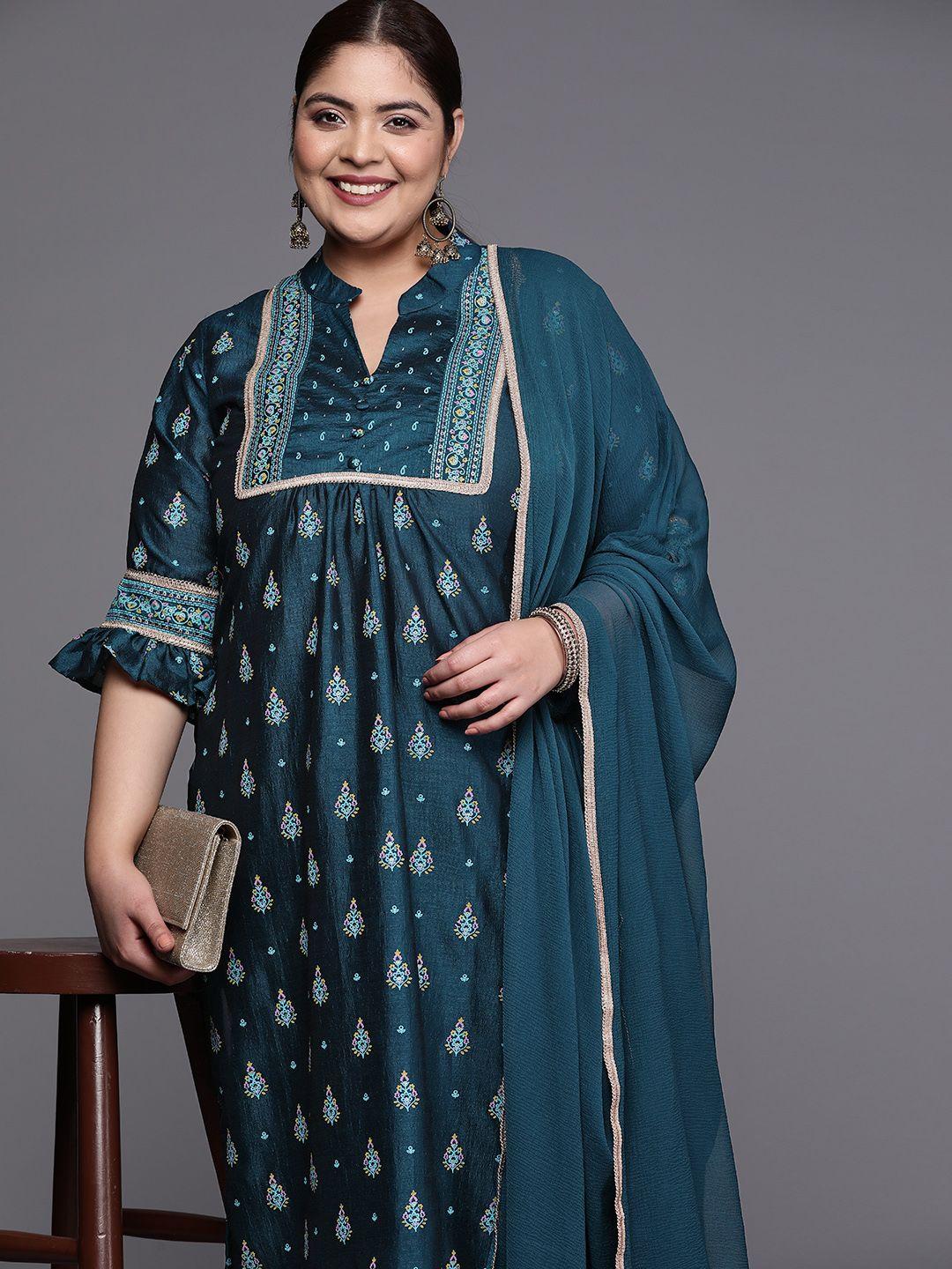 extra love by libas women plus size printed gotta patti kurta with trousers & with dupatta