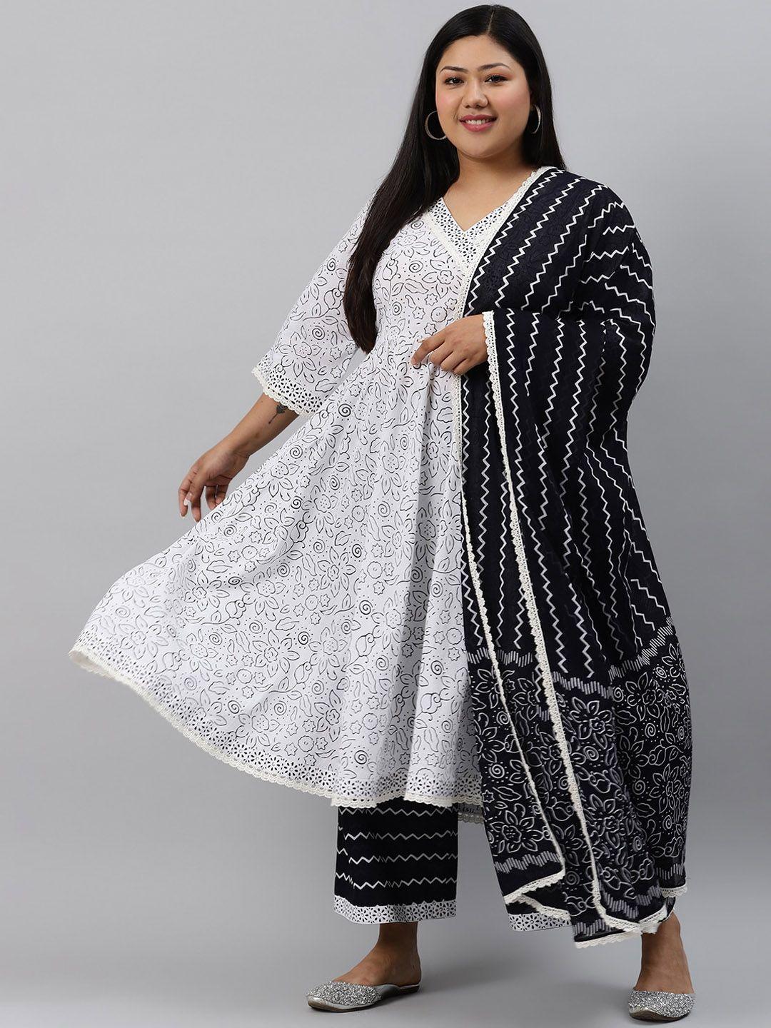 extra love by libas women plus size white & black printed kurta with palazzos & dupatta