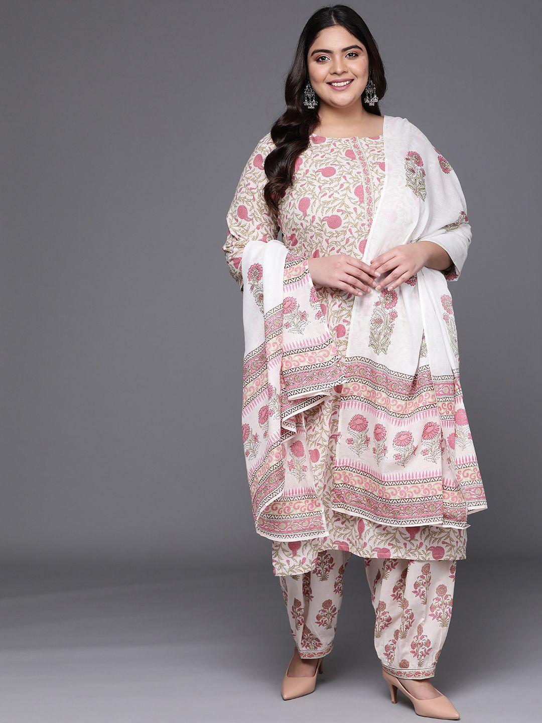 extra love by libas women plus size white floral printed pure cotton kurta set