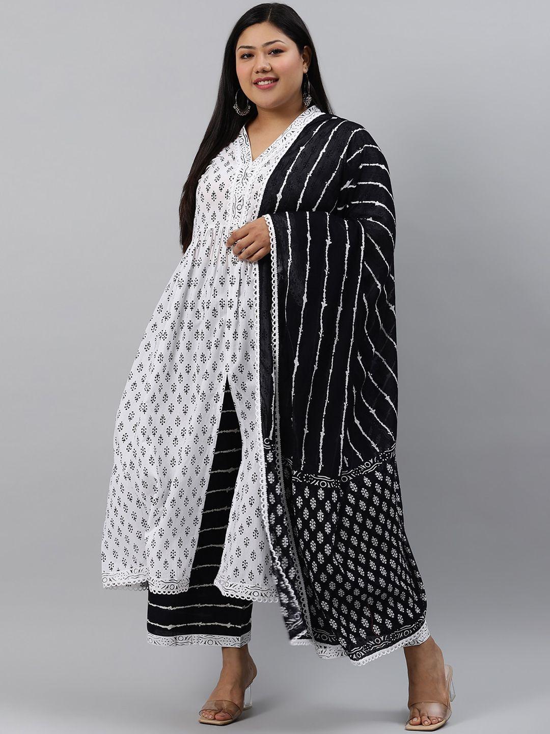 extra love by libas women plus size white printed kurta with palazzos & dupatta