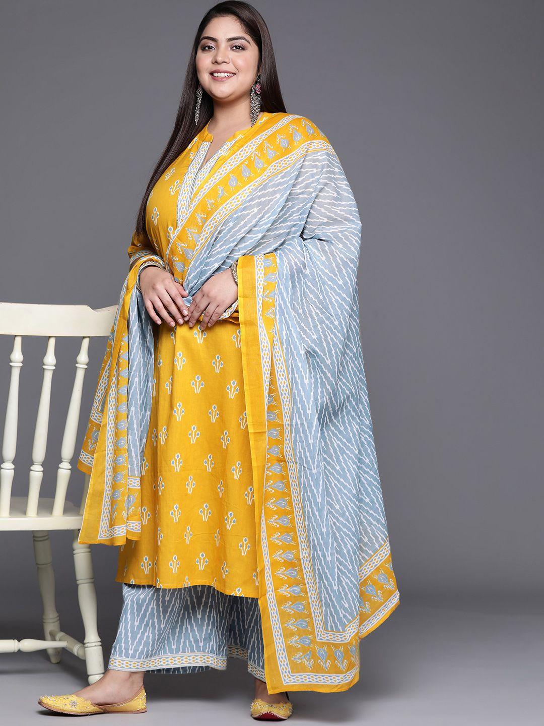 extra love by libas women plus size yellow & blue printed pure cotton kurta set
