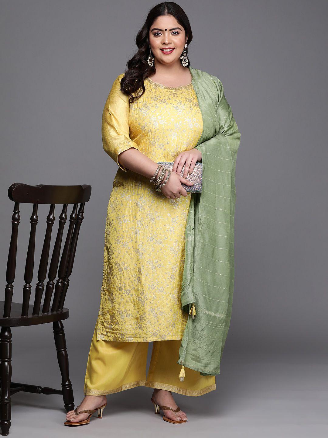 extra love by libas women plus size yellow floral kurta with palazzos & with dupatta