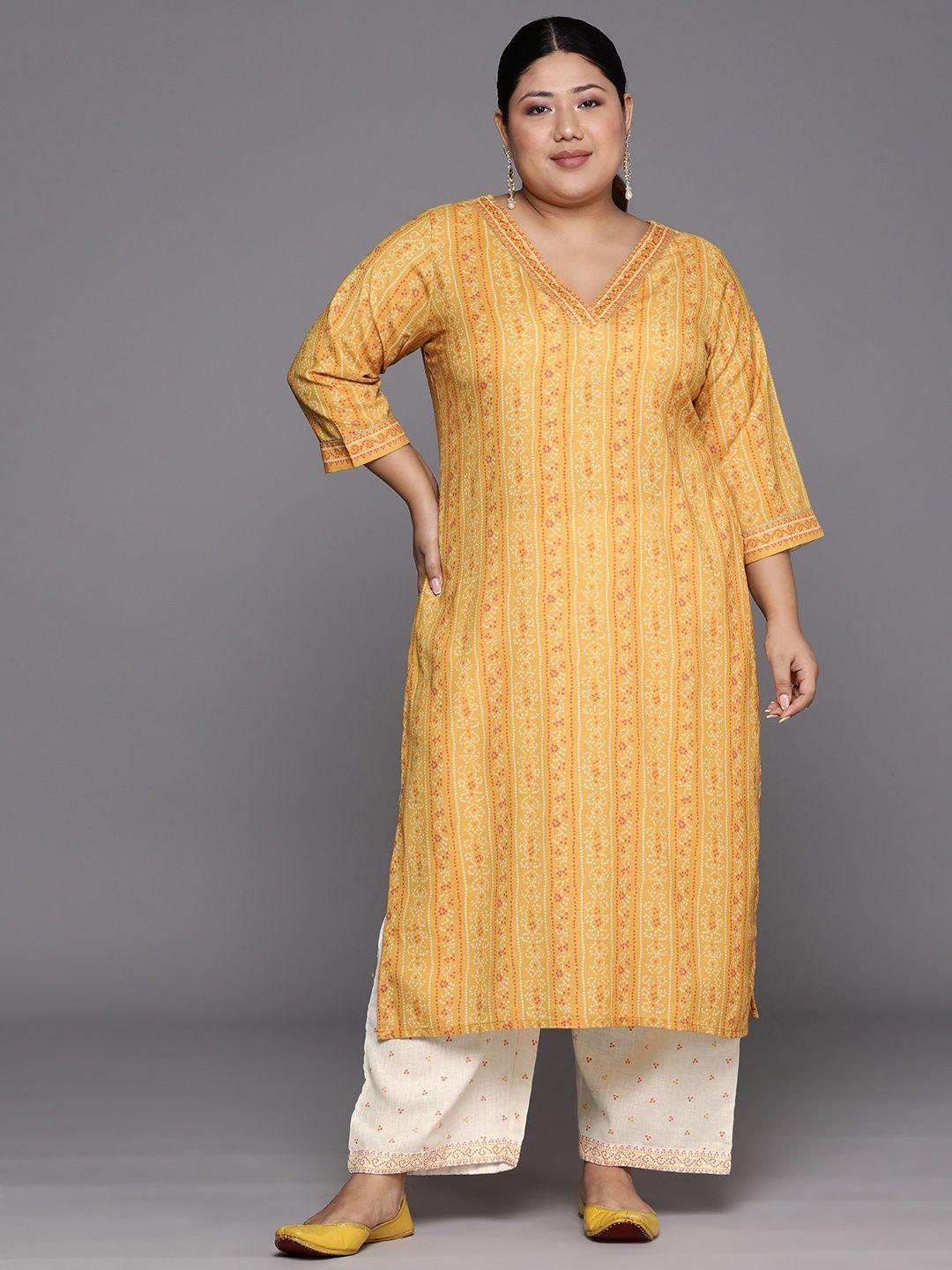 extra love by libas women yellow bandhani printed regular mirror work kurta with trousers