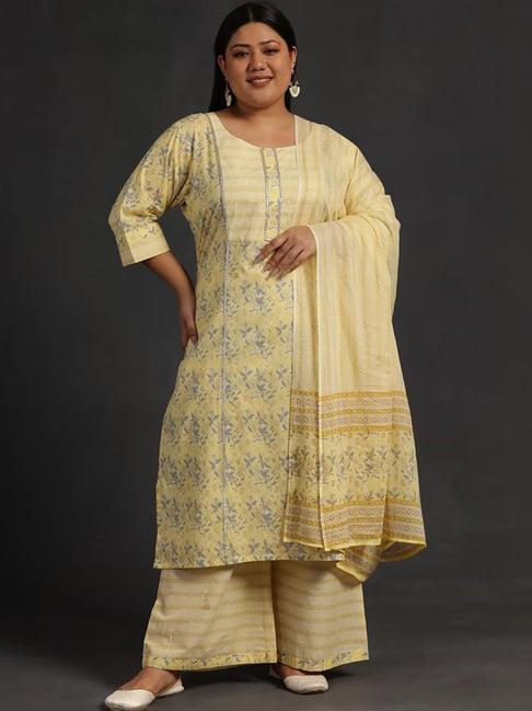 extra love by libas yellow cotton floral print kurta palazzo set with dupatta