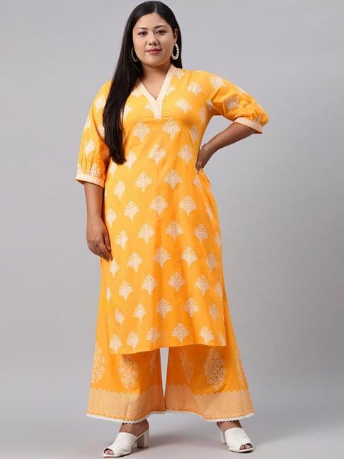 extra love by libas yellow cotton printed straight kurta