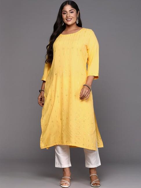 extra love by libas yellow embroidered straight kurta