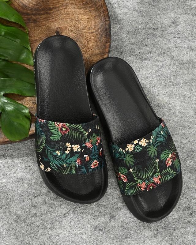 extrimos black and green floral casual sliders