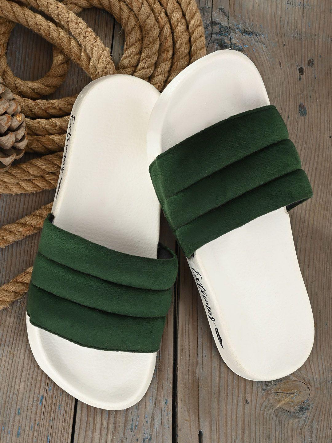 extrimos men green & grey solid quilted slip on sliders