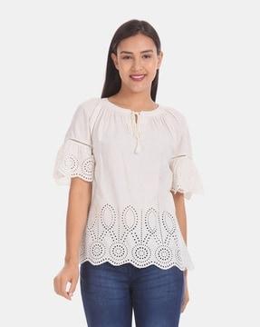 eyelet lace top with raglan sleeves