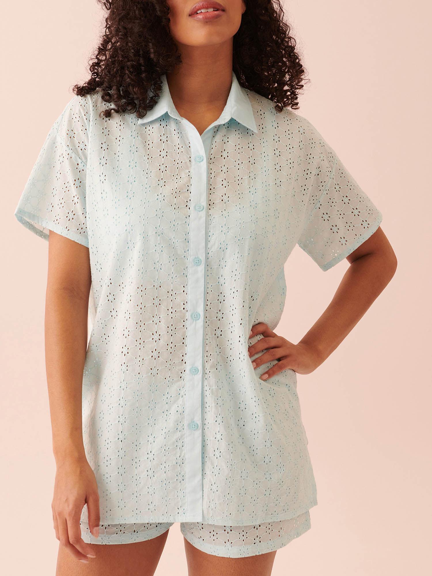 eyelet short sleeve button-down shirt