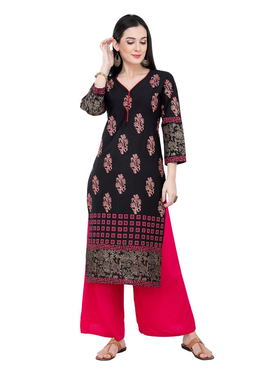 ezis fashion women black & red floral printed floral pure cotton kurta
