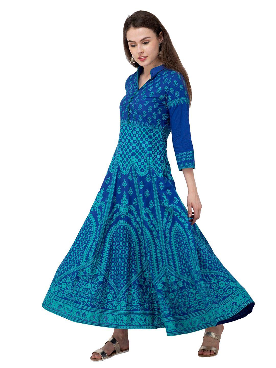 ezis fashion women blue ethnic motifs printed anarkali pure cotton  kurta