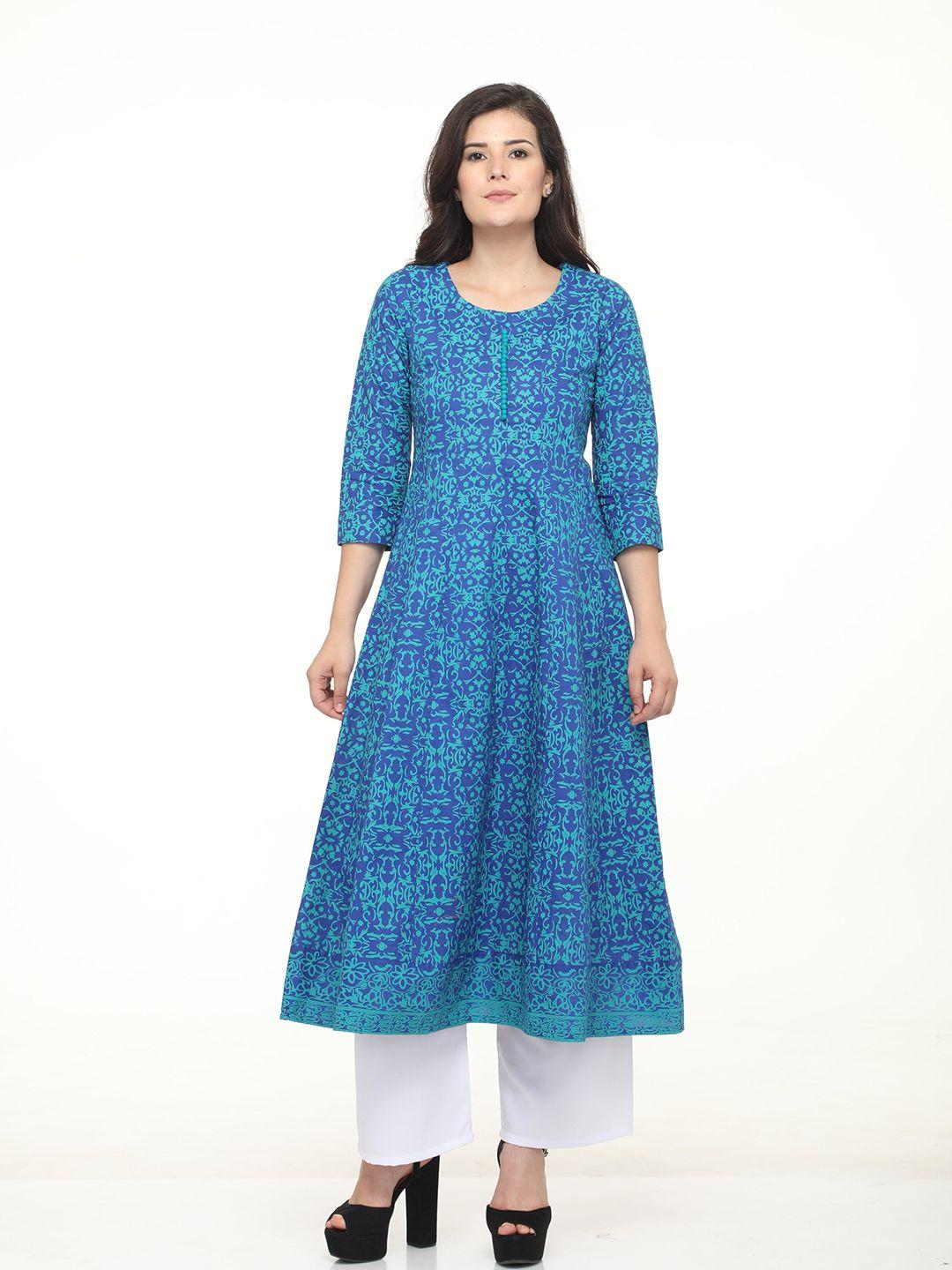 ezis fashion women blue printed anarkali pure cotton  kurta