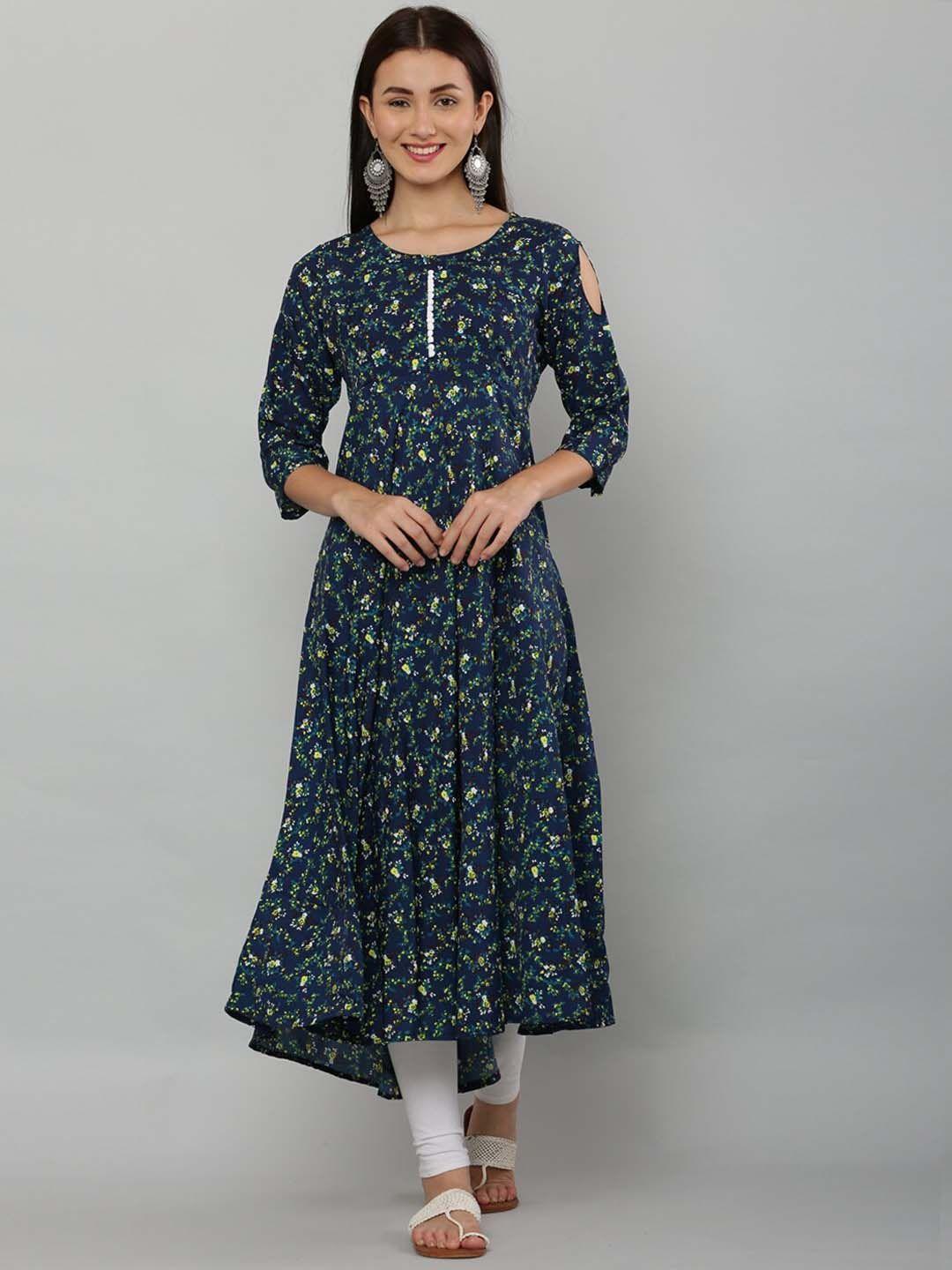 ezis fashion women navy blue printed cold-shoulder sleeves crepe anarkali kurta