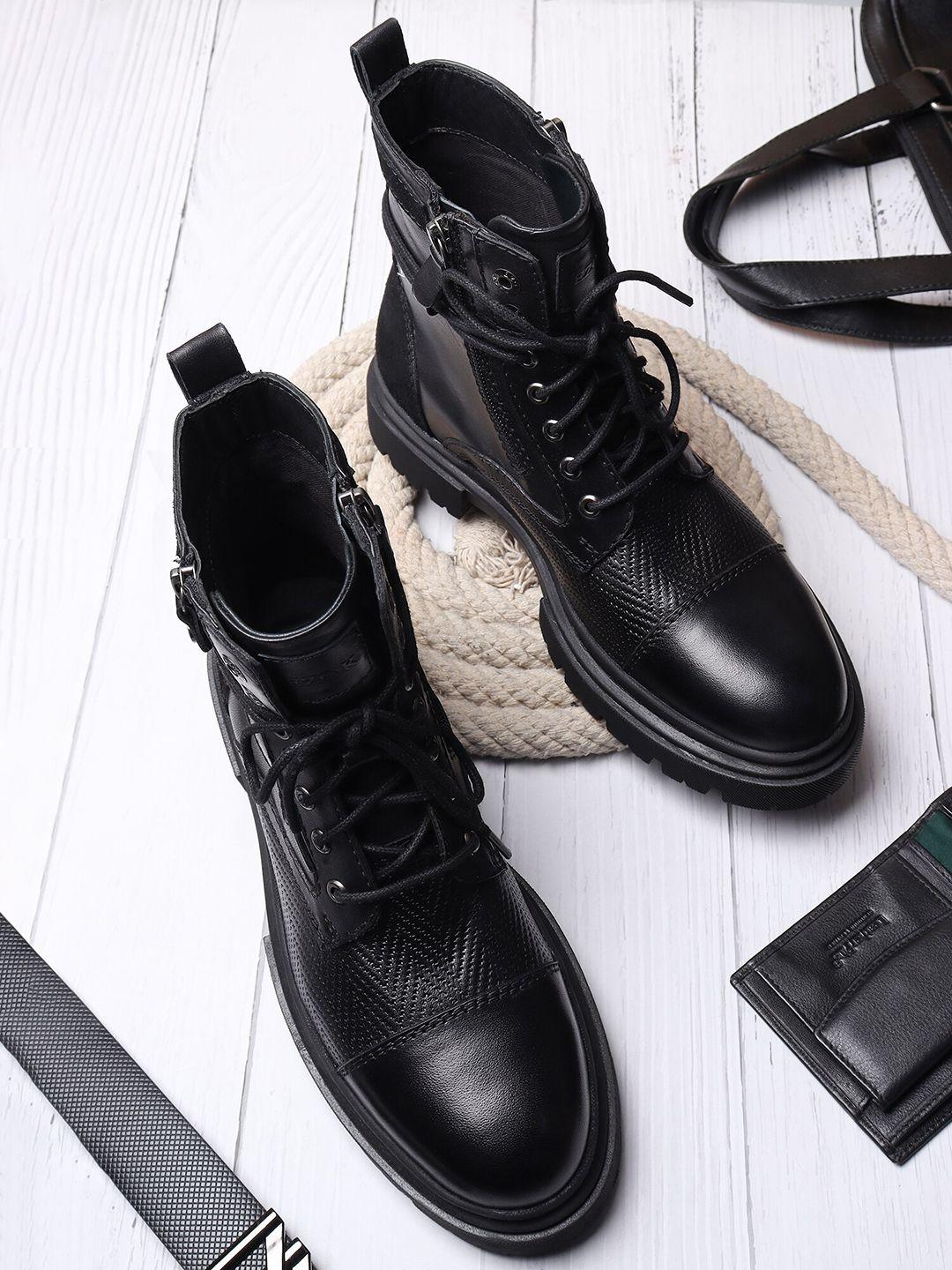 ezok men black textured lace-up leather regular boots