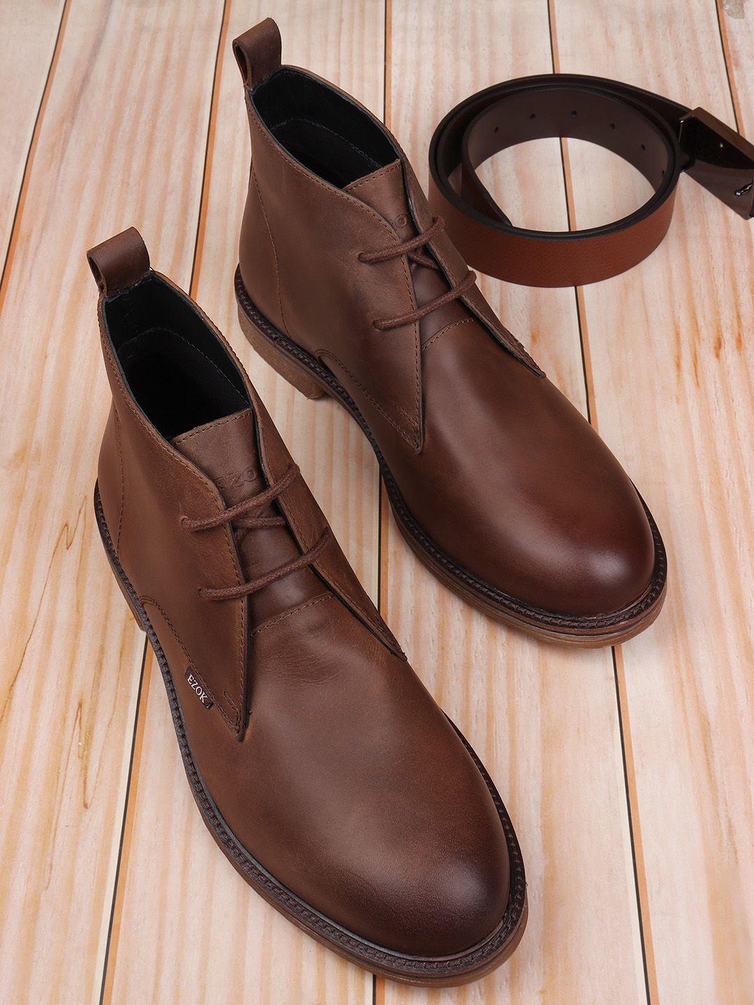 ezok men brown leather lace-up regular boots