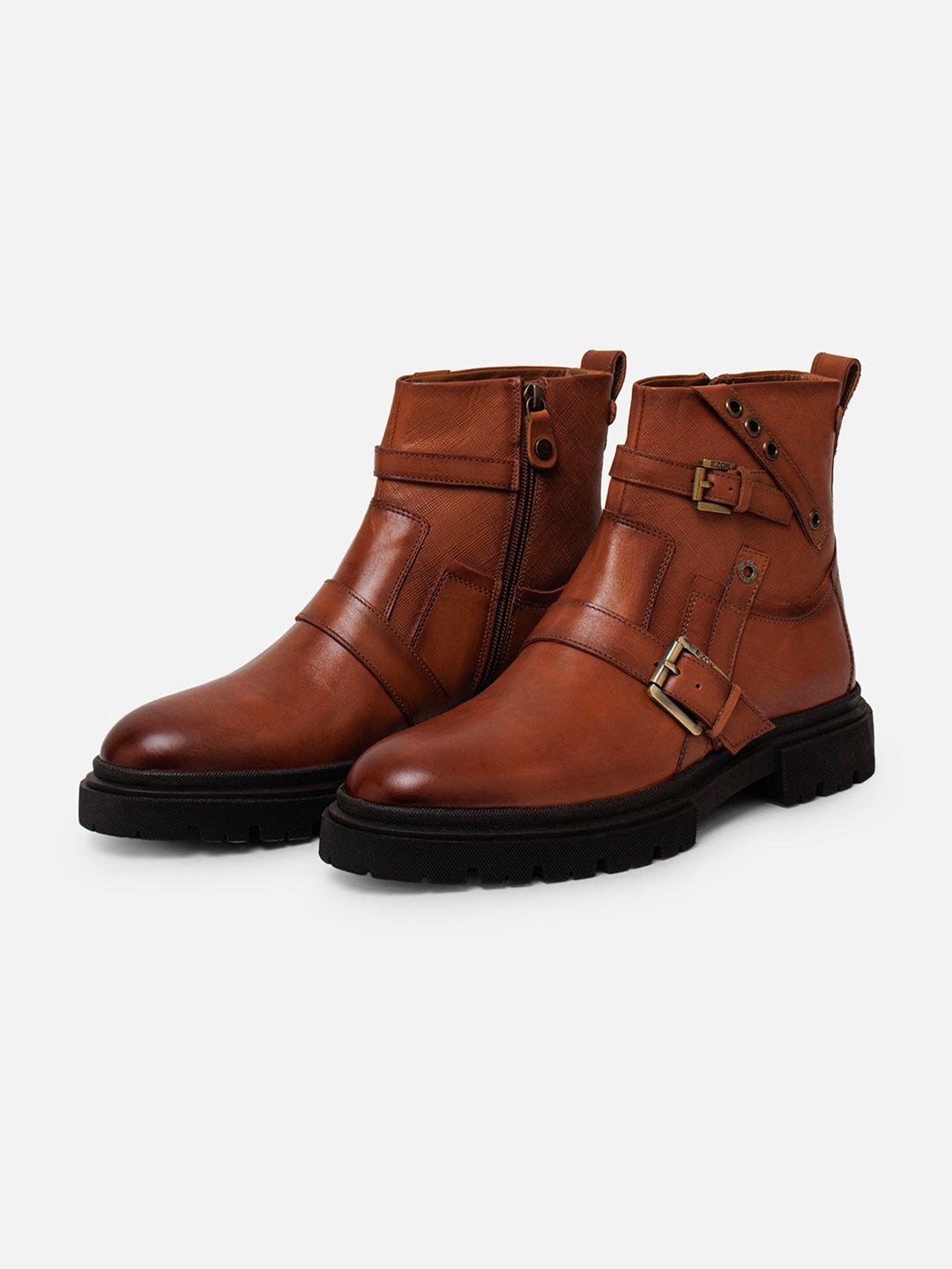 ezok men mid top leather regular boots with buckle detail