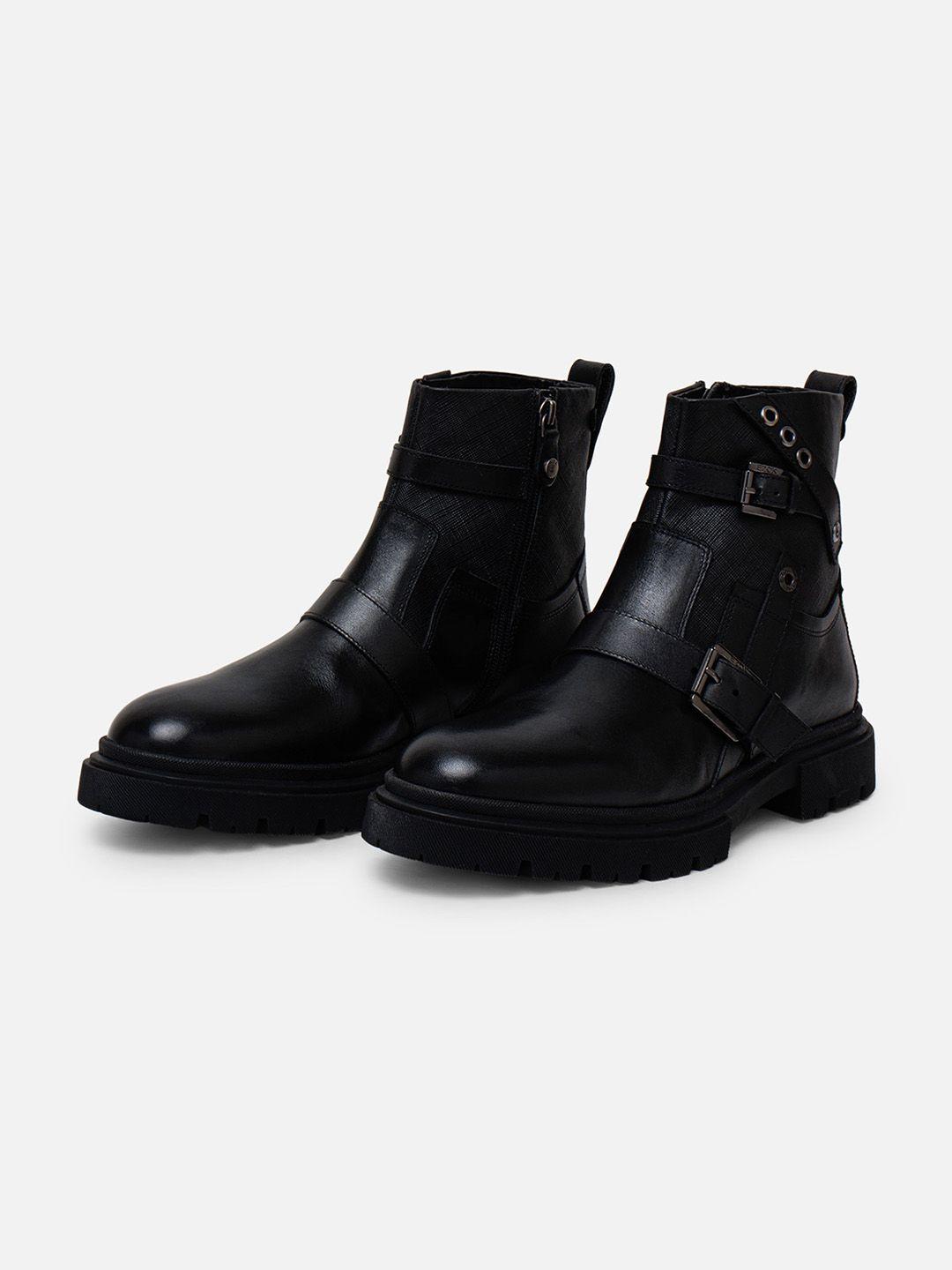 ezok men mid top leather regular boots with buckle detail