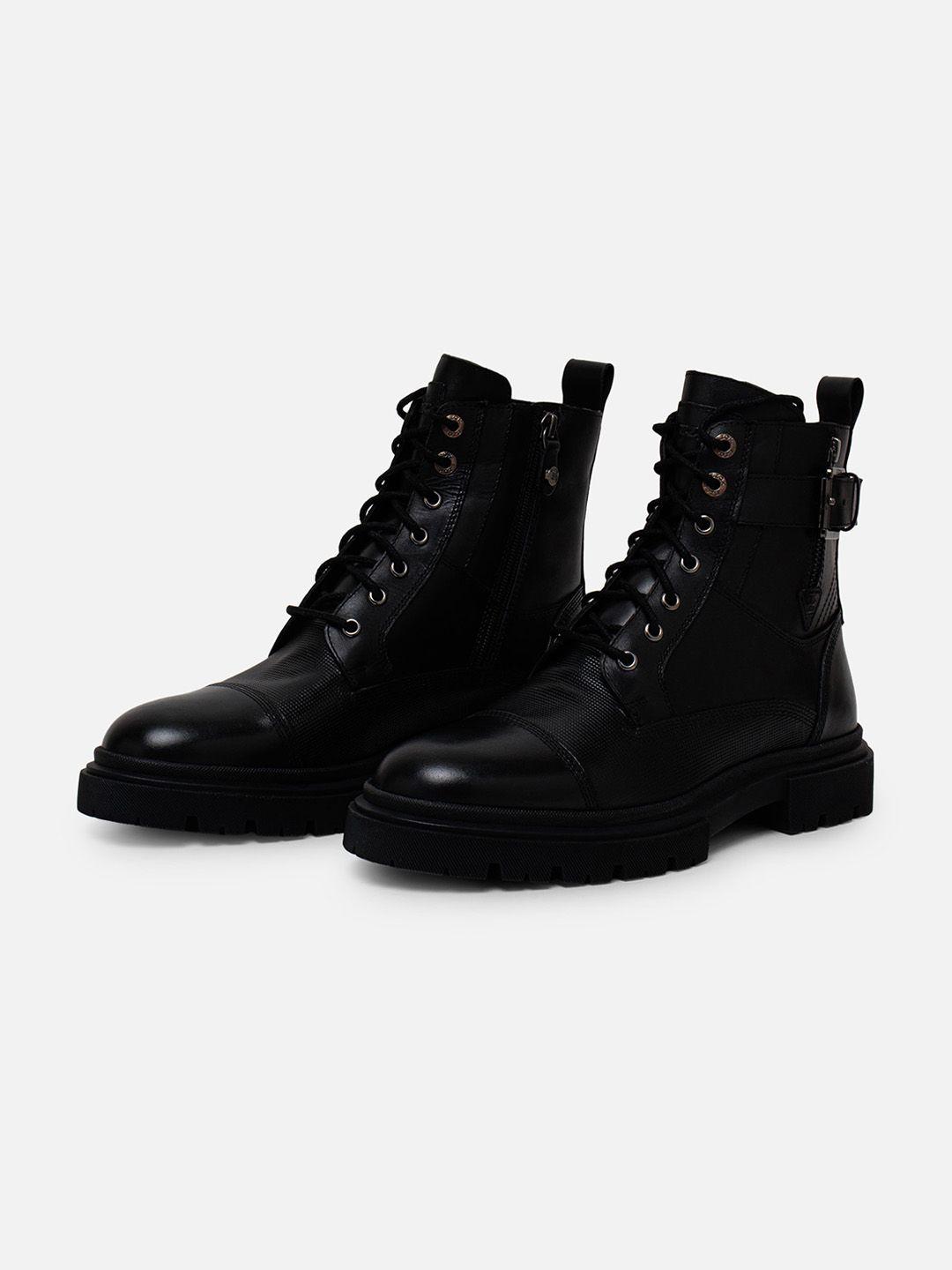 ezok men textured buckle detail leather mid-top regular boots