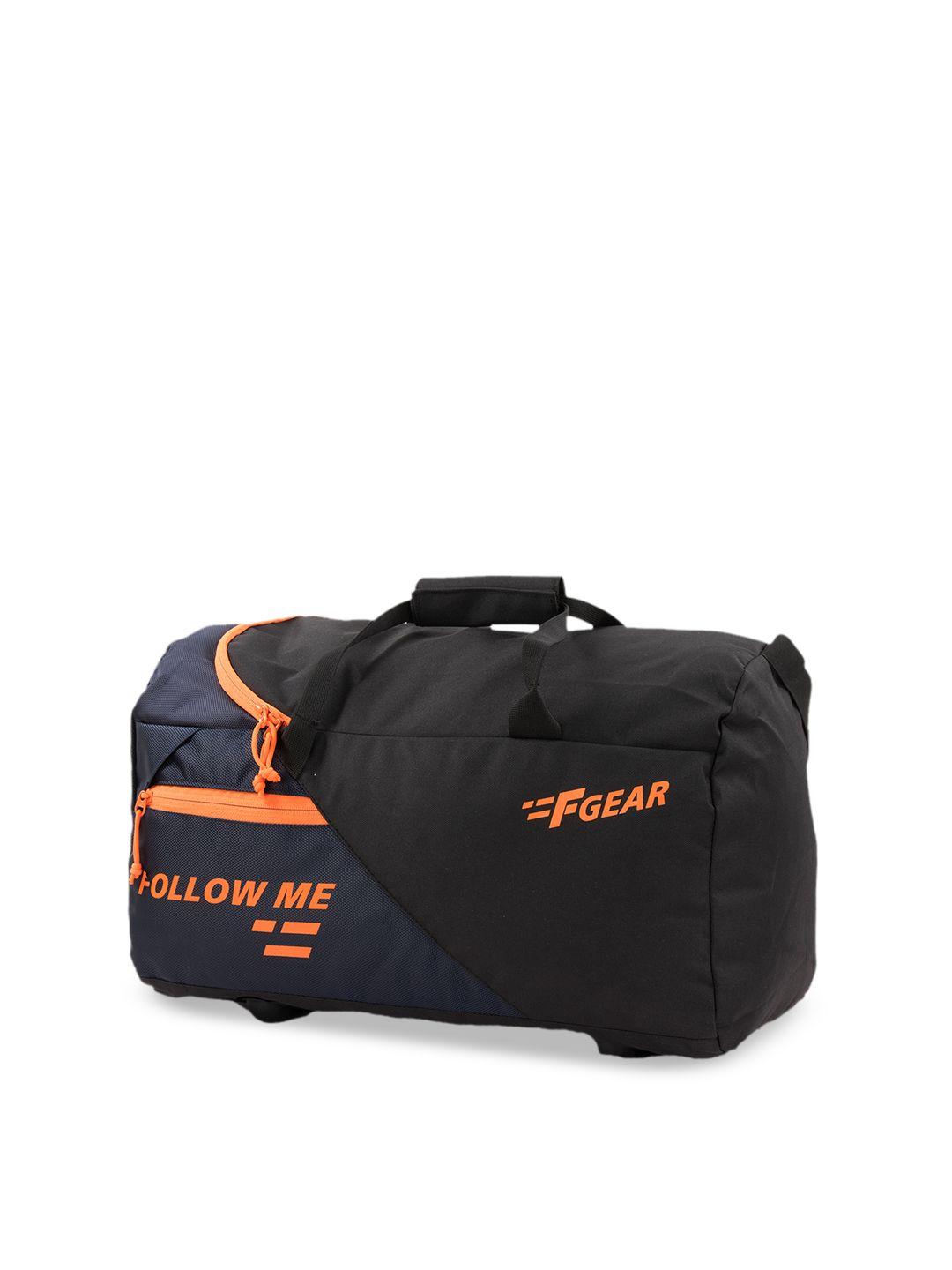 f gear unisex black & navy blue colourblocked gym duffel bag with printed detail