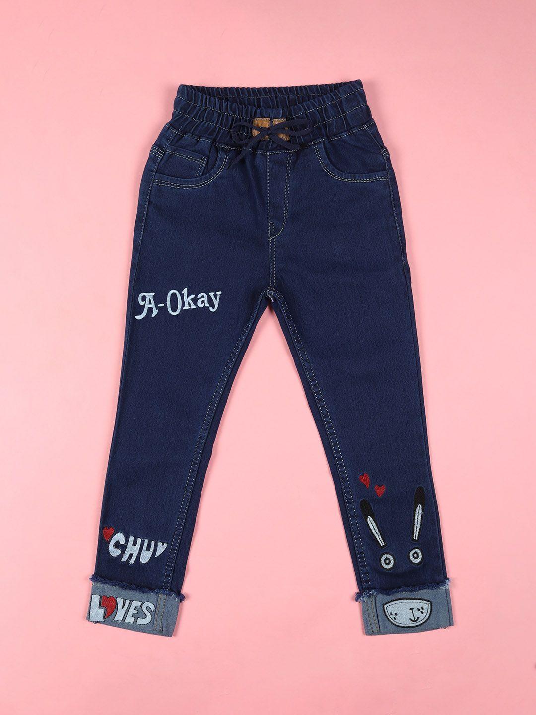 f2m unisex kids blue slim fit high-rise embroidered jeans