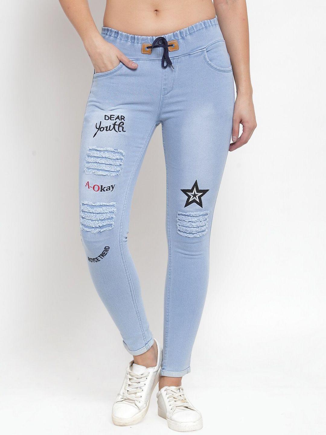 f2m women blue embroidered mildly distressed stretchable jeans