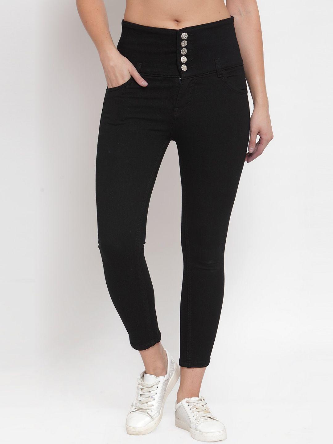 f2m women black solid cotton slim fit high-rise stretchable jeans