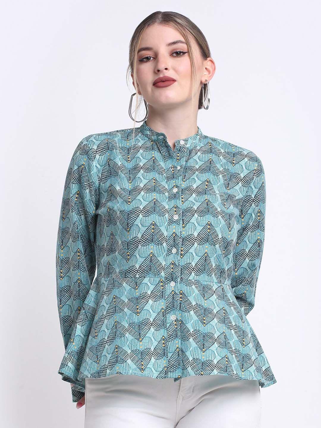 faabriq geometric printed mandarin collar pure cotton a-line top