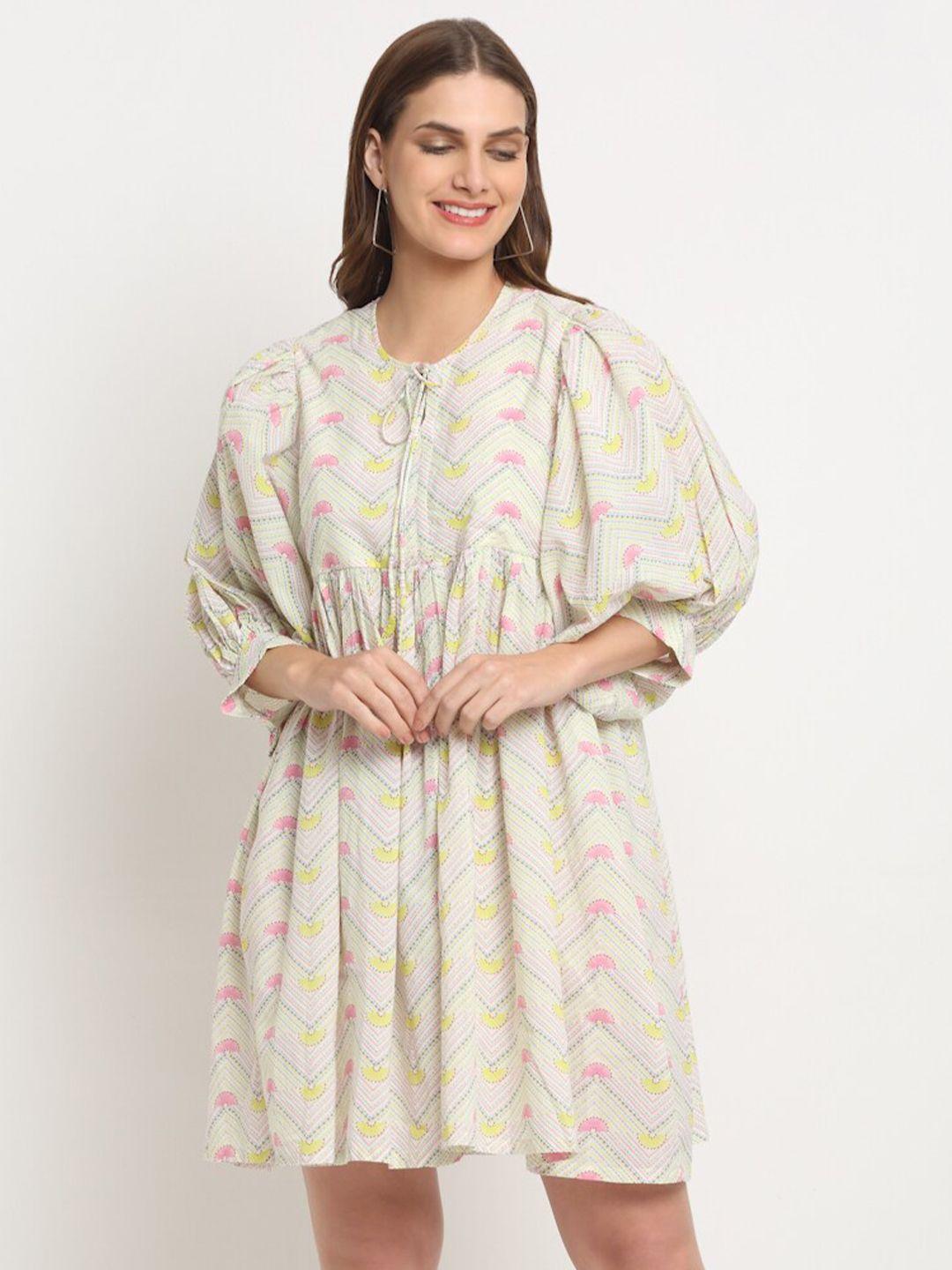 faabriq geometric printed puff sleeves pure cotton a-line dress