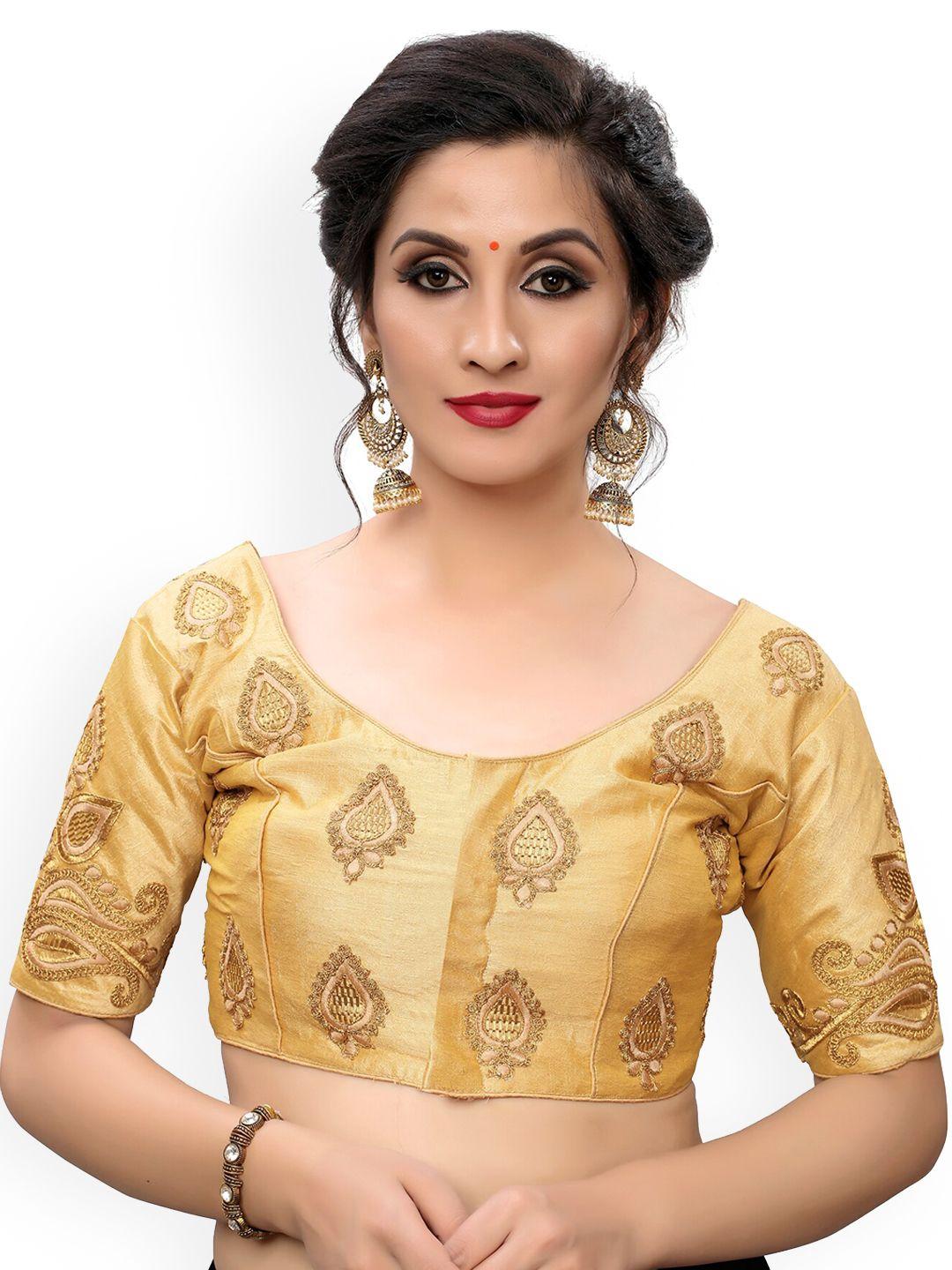 fab dadu  beige & gold-toned embroidered saree blouse