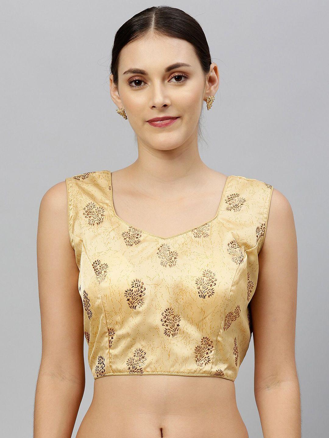 fab dadu women beige silk printed v-neck saree blouse