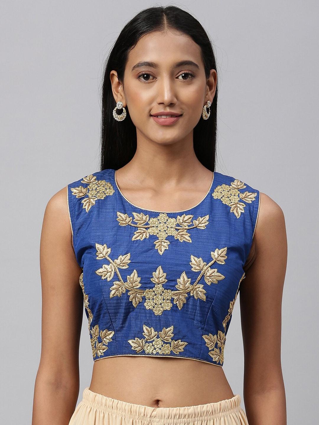 fab dadu women blue embroidered sleeveless saree blouse