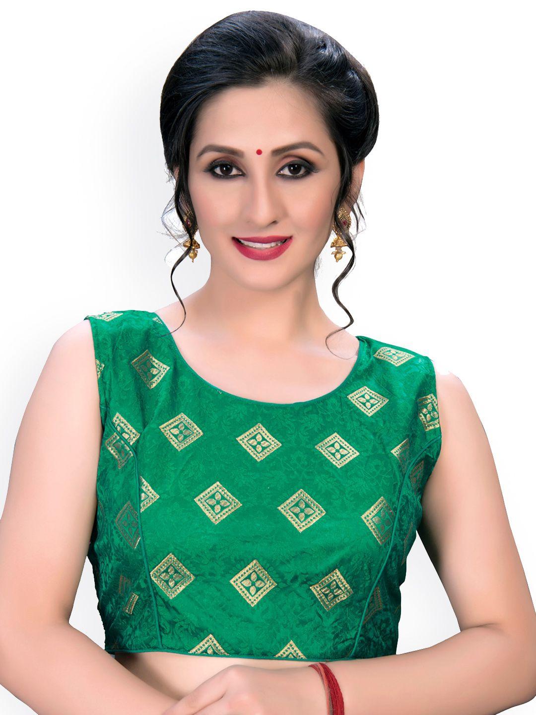 fab dadu women green & gold-toned embroidered silk ready-made saree blouse