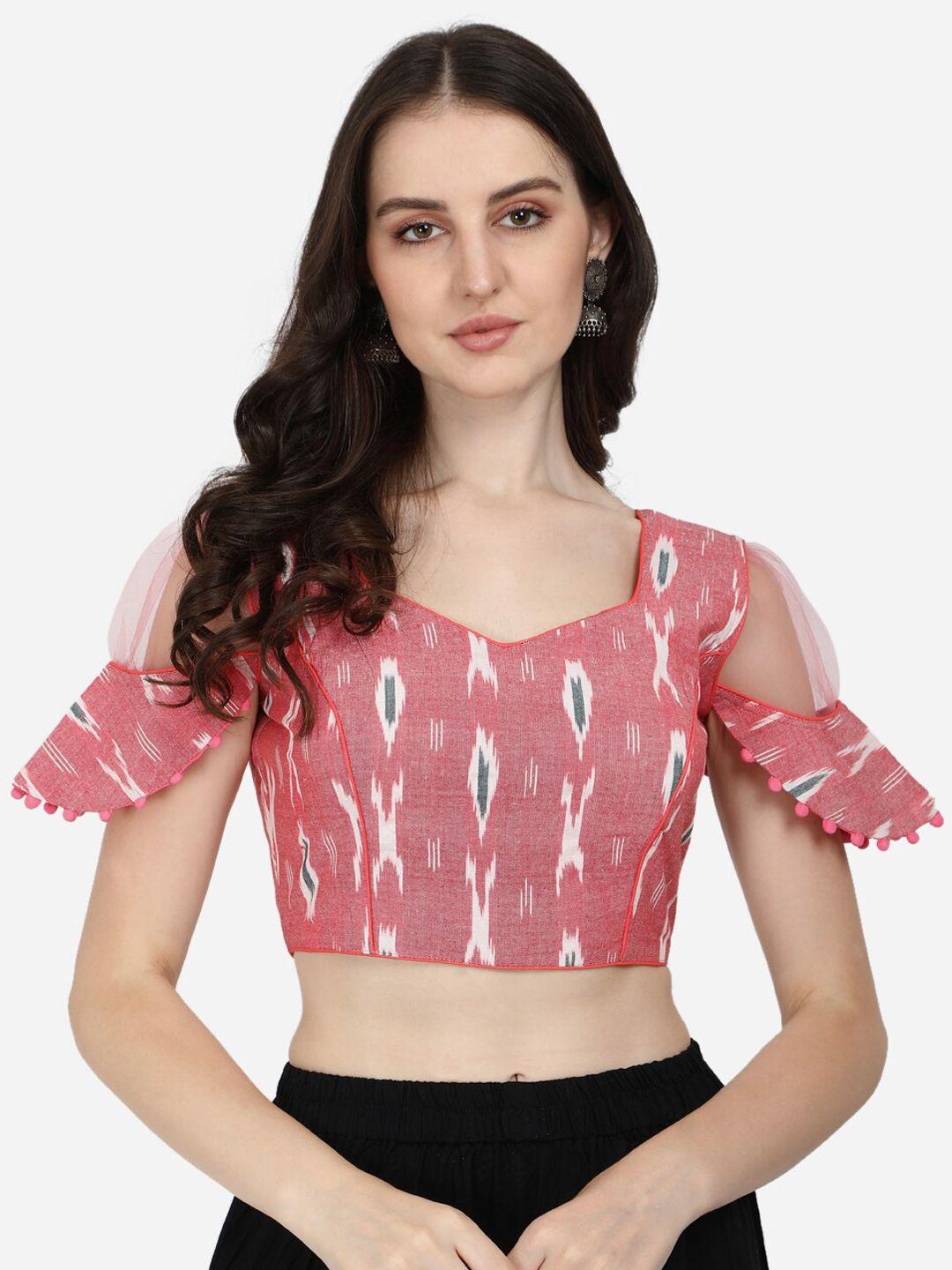 fab dadu coral-colored ikat print cotton saree blouse