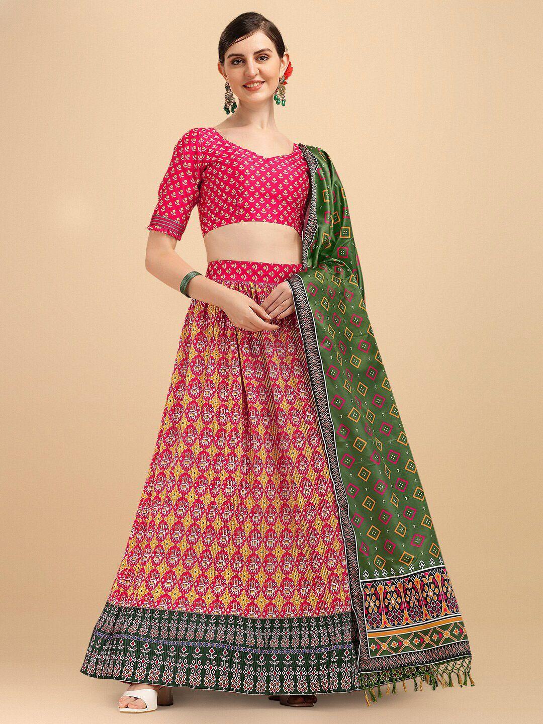fab dadu pink & yellow printed semi-stitched lehenga & unstitched blouse with dupatta