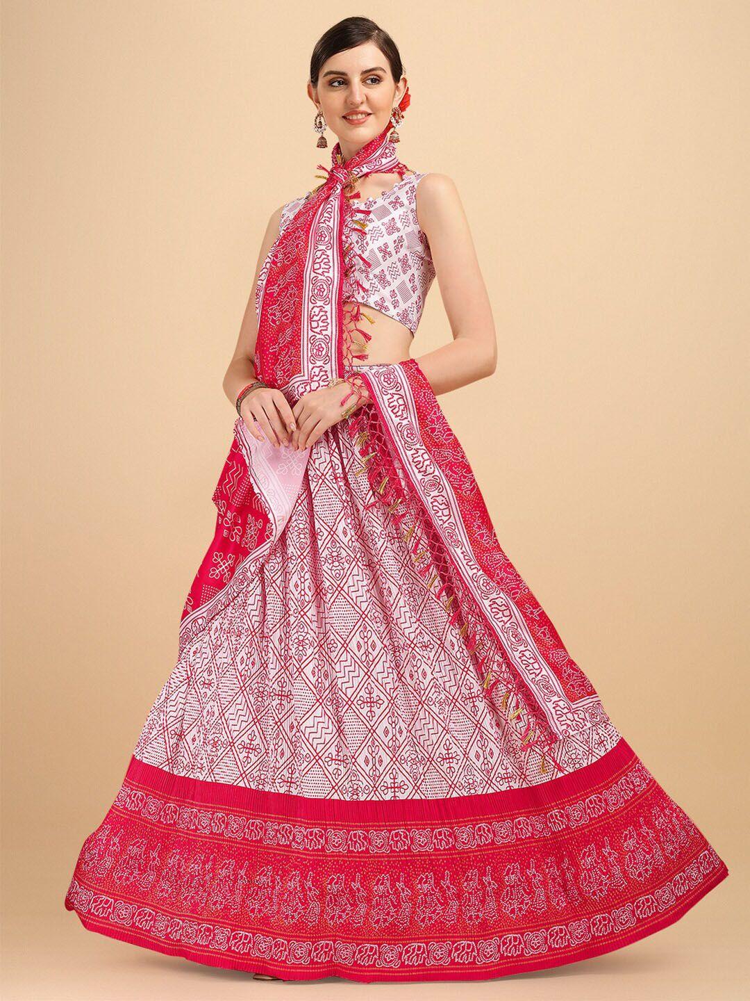 fab dadu white & pink printed semi-stitched lehenga & unstitched blouse with dupatta