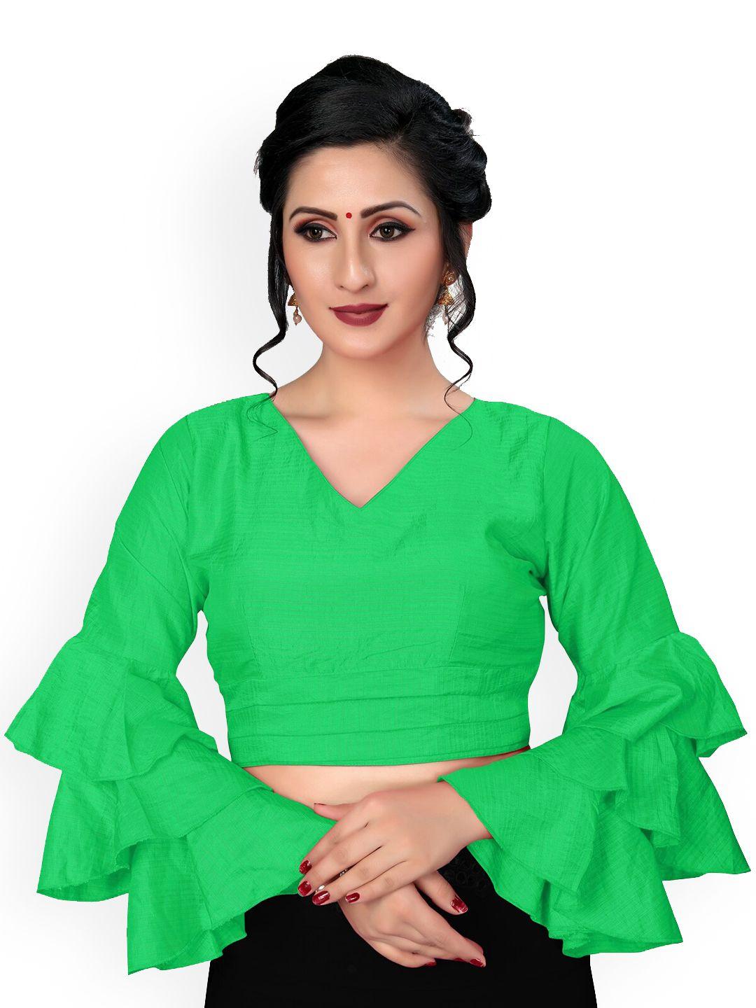 fab dadu women green solid silk v-neck saree blouse