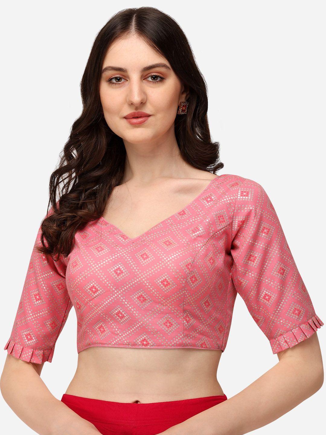 fab dadu women pink printed jacquard saree blouse